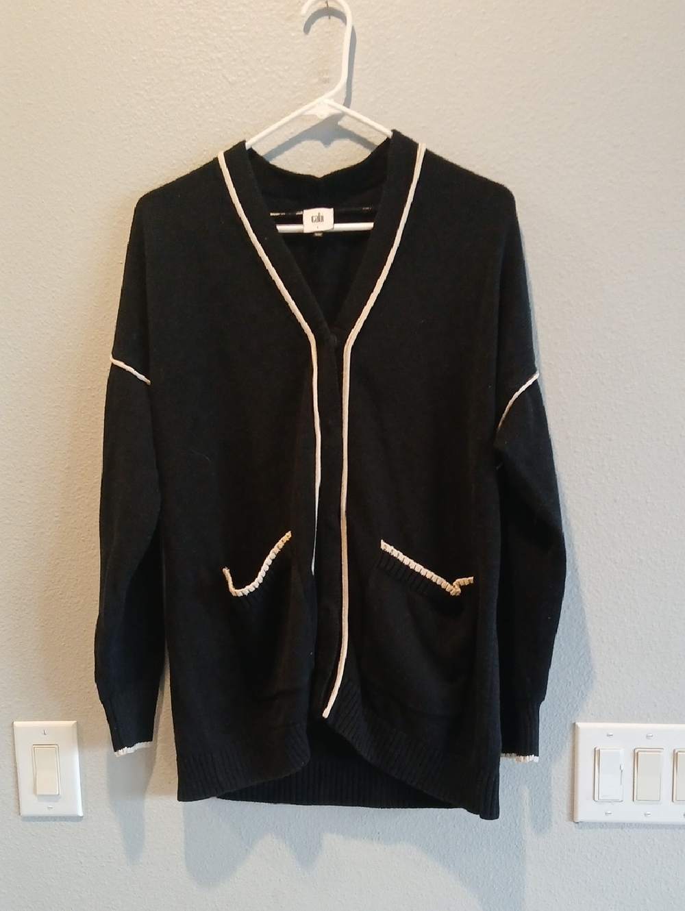 CAbi Black Cardigan with White Label Detail